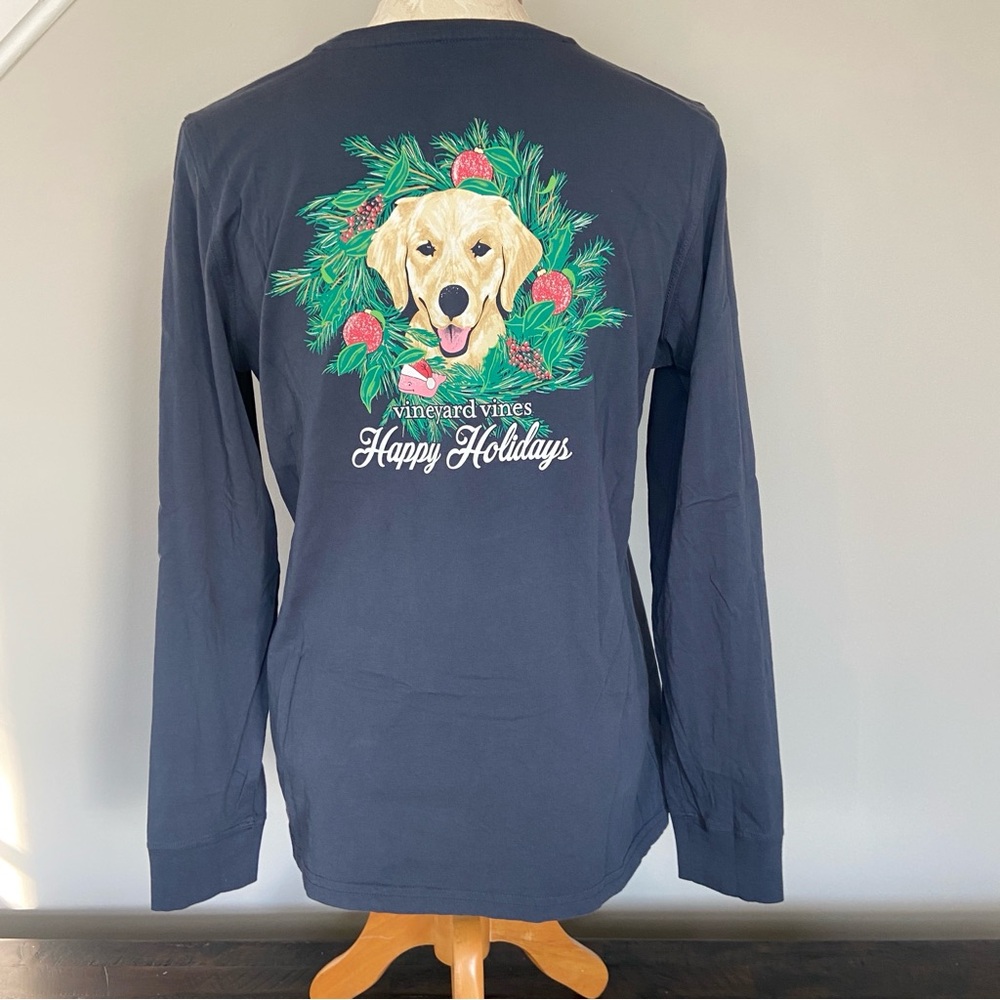Vineyard Vines Women’s Happy Holidays Puppy Dog Wreath Blue Long Sleeve Shirt S